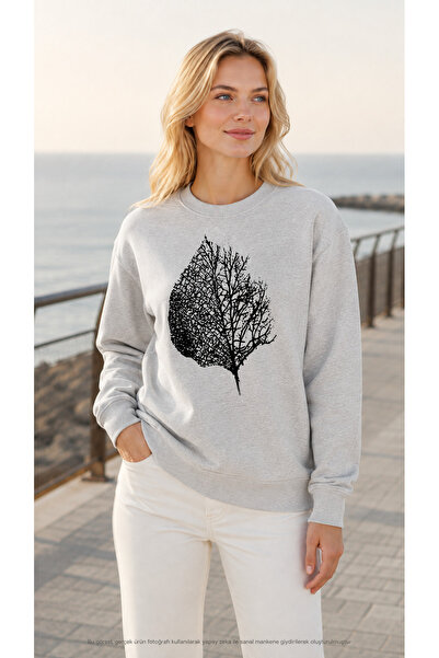 EMMODA Sweatshirt casual pentru femei, cu imprimeu cu frunze uscate și gât ro...