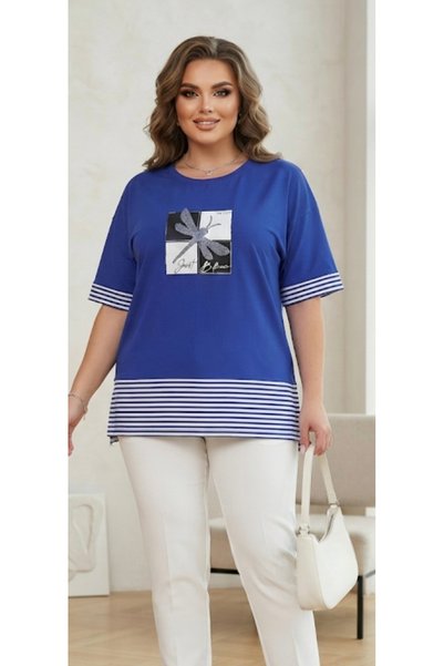 MODA Okyanus mavisi ve beyaz çizgili alt ve kol detaylı oversize modal kumaş yırtmaçlı Premium kalite anne bluzu