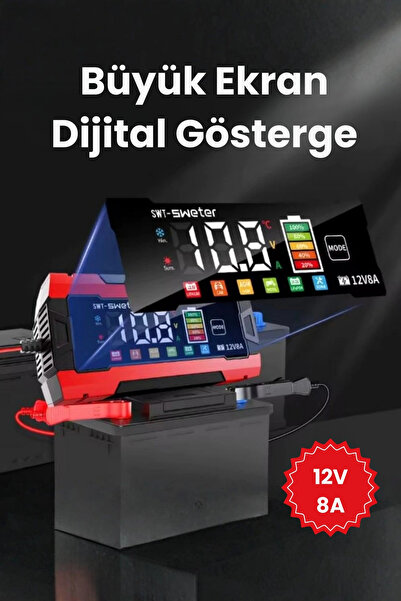 Genel Markalar 12V 8A Akıllı Akü Şarj Cihazı 12V 8A LCD Ekranlı Pulse Repair ...