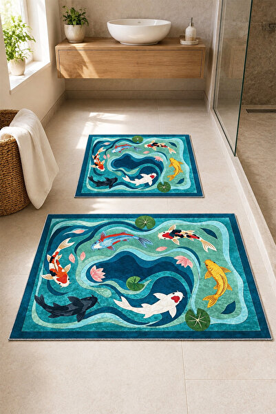 DEKOMOD Decorative Digital Printed Set of 2 Bath Mat Non-Slip Base Toilet Set