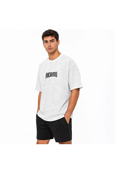 hermu Off White Lazer Baskı Desenli Oversize %100 Pamuk Bisiklet Yaka Tişört