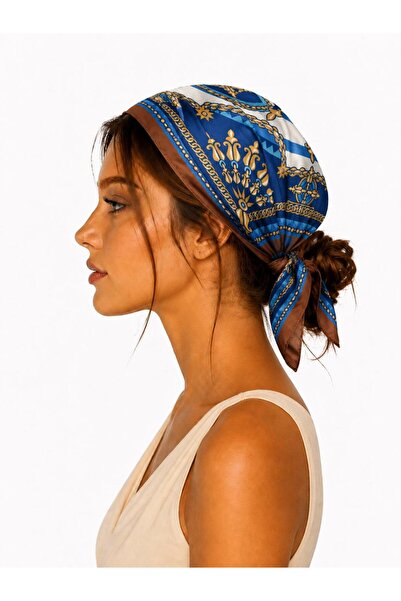 Kadın Denizci Pusula Desenli Saten Fular Bandana 56x56 cm - Kahve Sax
