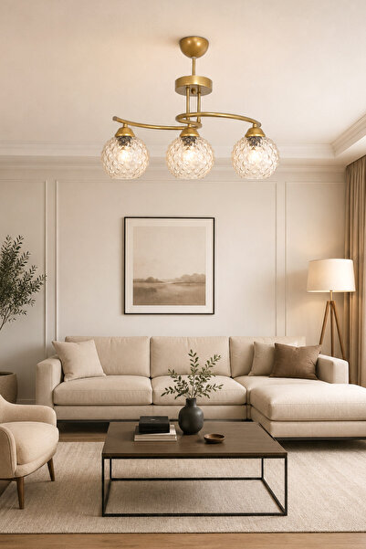 Turanconcept Fuji Modern Kabartma Camlı Dekoratif 3'lü Avize Salon Yatak Odas...