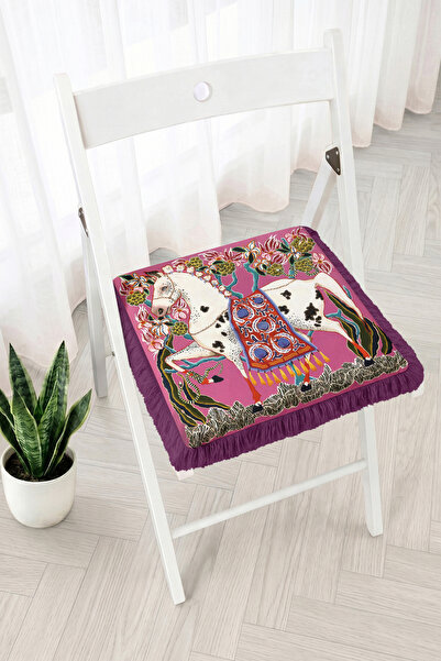 Realhomes Fringed Zippered Chair Cushion with Floral and Ethnic Horse Figures...
