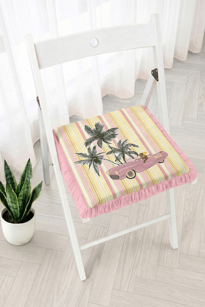 Realhomes Fringed Zippered Chair Cushion with Palm Trees and Classic Car Patt...