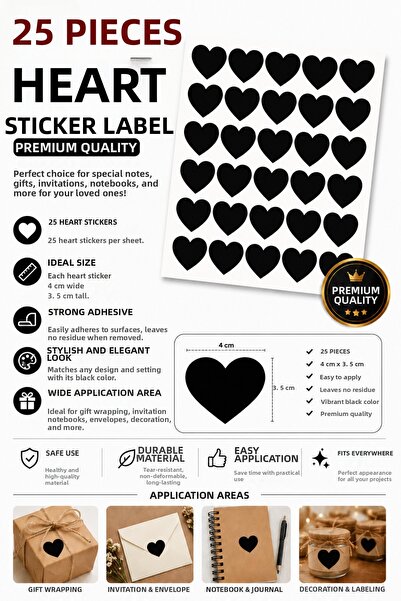 Organizasyon Pazarı 25 Pieces Black Heart Sticker Labels 4 cm Decorative Hear...