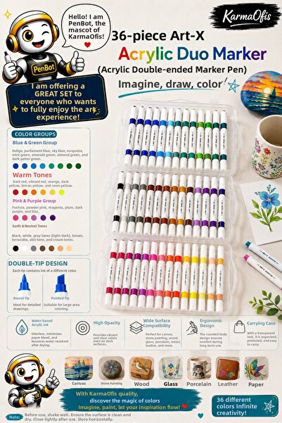 KarmaOfis 36-Piece Art-X Acrylic Duo Marker Set with Carrying Case