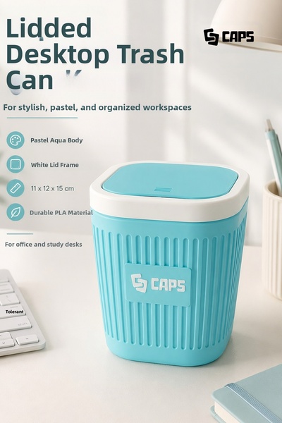 caps office Desktop Trash Can with Lid Pastel Aqua White – Stylish Mini Waste...