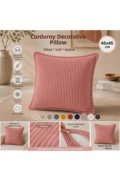 COLORMİX 45X45 Corduroy Decorative Throw Pillow with Filling, Zippered, Washa...