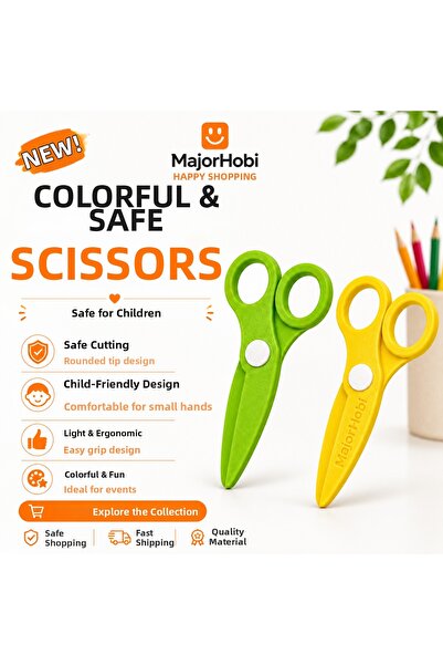 Major Hobi Children's Paper Scissors Set of 2 – Colorful Scissors with Safe T...