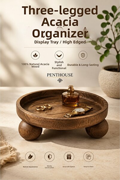Penthouse Top Footed Acacia Organizer Presentation Tray Decorative High-Edged...