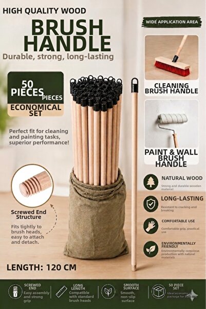 TrMuko High-Quality Eucalyptus Wood Brush Handle (120 cm) – Head with Screw a...