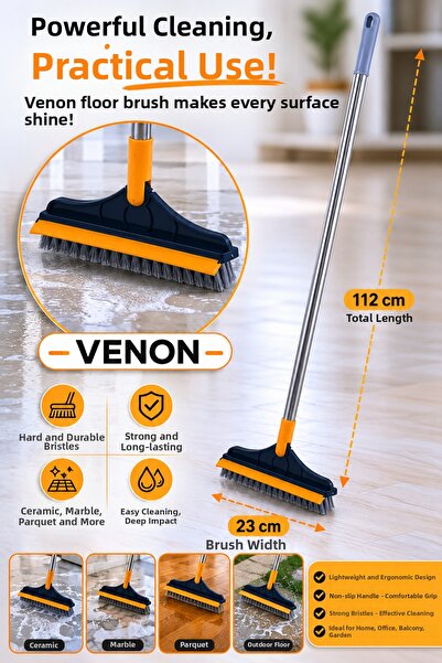 VENON V Shape Hard Brush and Squeegee 112 cm Long Handle 2-in-1 Floor Brush w...