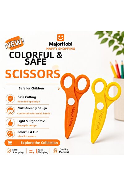 Major Hobi Children's Paper Scissors Set of 2 – Colorful Scissors with Safe T...