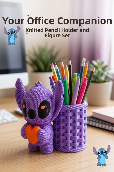Küp Atölye Purple Stitch Pen Holder and Makeup Brush Organizer with Basket