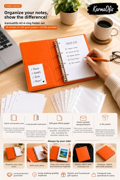 KarmaOfis A5 Orange 4-Ring Folder Set |   25 Pieces of 230 Gr Thick Paper + 2...