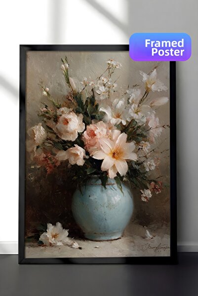 Zestia Pictură de perete vintage, aranjament floral în vază albastră cu ramă ...