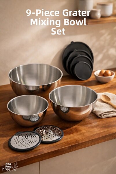 GİNZAMAİSON 9-Piece Steel Grater Mixing Bowl Set – Kitchen Set with Grater At...