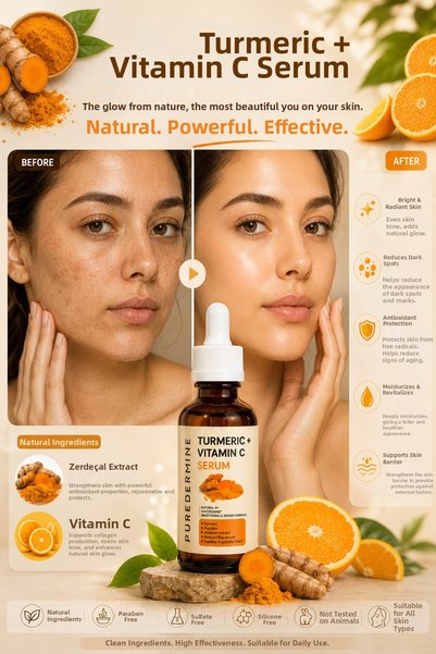 Puredermine Turmeric Vitamin C Serum |   Powerful Antioxidant Care That Reduces the Appearance of Dark Spots and Adds Radiance to the Skin Anti-Blemish Vitamin C Serum and Turmeric Extract