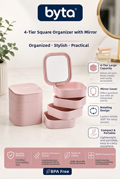 BYTA 4-Tier Makeup and Jewelry Organizer with Mirror – Rotating Cosmetic and ...