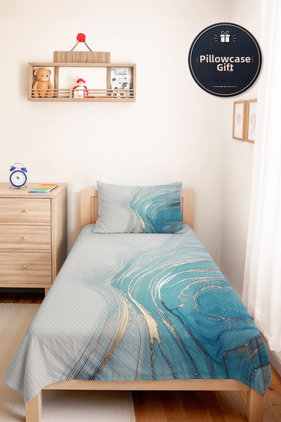 Evimde Bambaşka Blue Marble Modern Young Room Single Pique Set - White Gold 1...