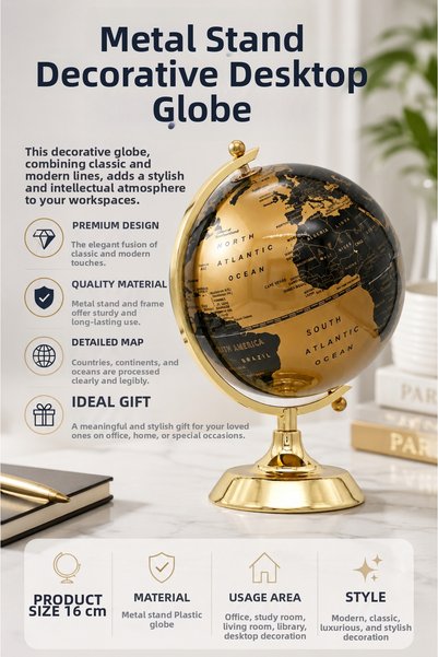 Wolawood Prestige Gold Metal Stand Globe Luxury Desktop Decor & Elite Collection Home, Room, Office, Workplace, Gift Set (16~cm)