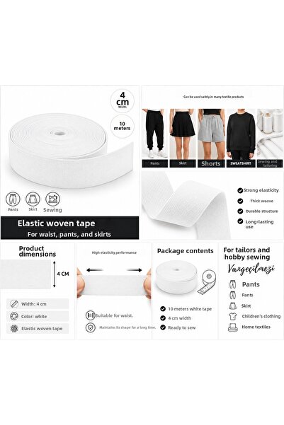 RuzgarHome 4 cm Elastic Skirt Tracksuit Waist Elastic 10 Meters White