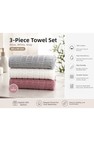 Vivesta Home 3-Piece Cotton Hand and Face Towel Set 50X90 cm Soft Textured Hi...