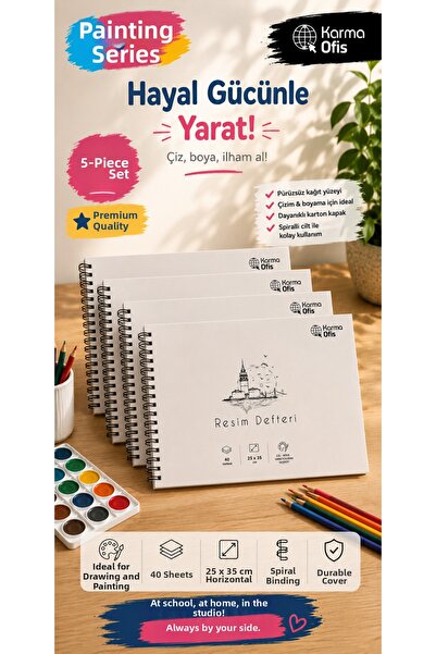 KarmaOfis دفتر صور حلزوني مقاس 25×35 سم، 5 قطع، 40 ورقة |   دفتر الرسم والتلو...