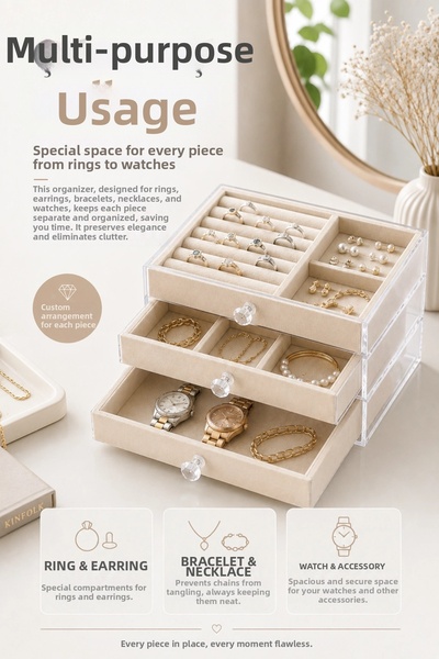 lowell home Multi-compartment jewelry box with velvet texture and transparent...