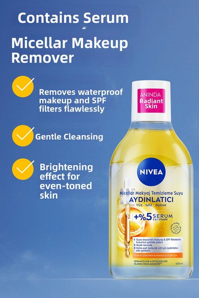 NIVEA ماء ميسيلار لتفتيح البشرة وإزالة المكياج 400 مل، مع تأثير السيروم، فيتامين سي، موازنة لون البشرة