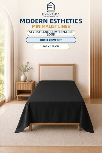 evonora Riva Series Black Single Elastic-Free Flat Sheet 100X200 cm
