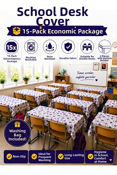 GÜLHOME 15-Piece School Desk Cover, Elastic, A-Quality Fabric, Stain-Resistant