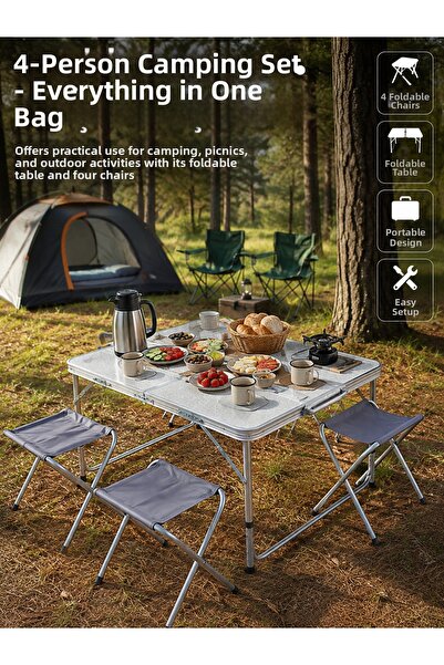 OSKA GLOBAL Foldable Camping Table and 4 Stools Set Portable Aluminum Body Pi...