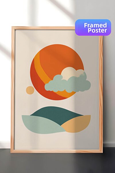 Zestia Pictură murală minimalistă cu ramă din lemn, peisaj cu soare și nori, ...