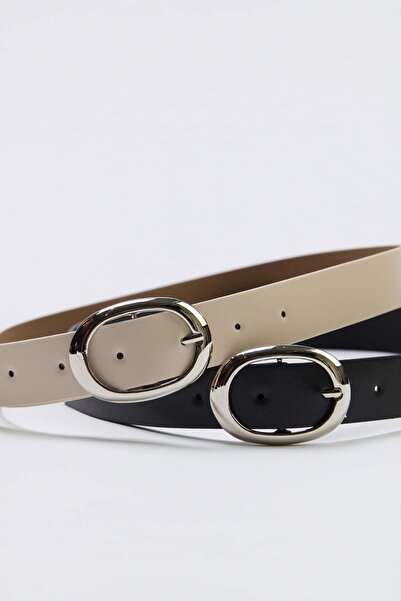 TRENDYOL SHOES Μαύρη/Μπεζ Διπλή Ζώνη Oval T Με αγκράφα για Γυναίκες