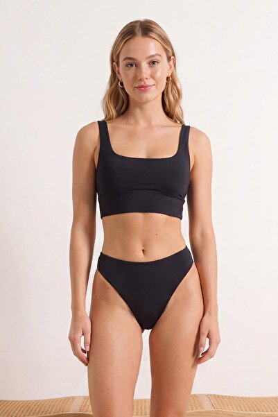 Trendyol Collection Slip de bikini negru cu tăietură înaltă talie înaltă Braz...