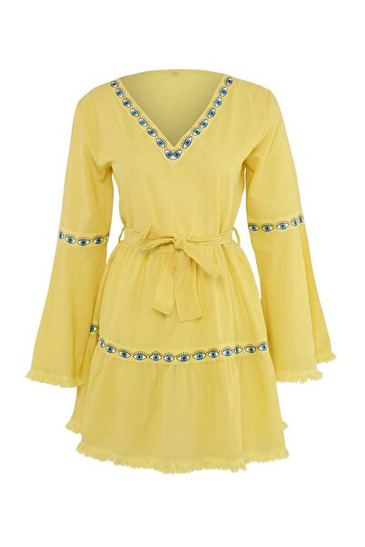 Trendyol Kollektion Gelb getöntes, gewebtes Mini-Strandkleid mit Volants und ...