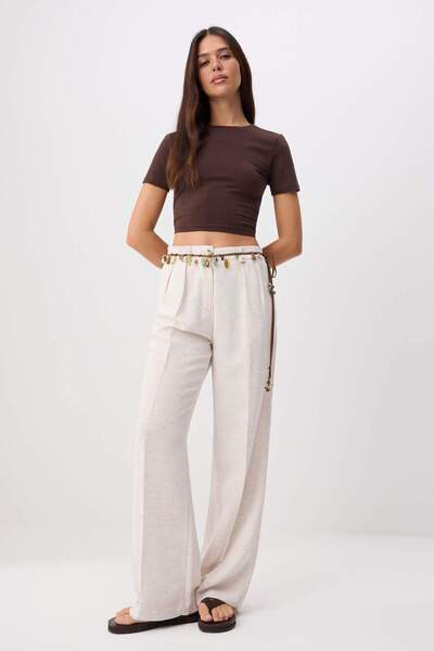 TRENDYOLMİLLA Bej Nervürlü Wide Leg/Geniş Paça Pamuk Keten Dokuma Pantolon TW...