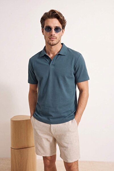 Trendyolmilla Man Petrol Regular/Rahat Fermuarlı Dokulu Kumaş Örme Polo Yaka T-shirt TMNSS26PO00045