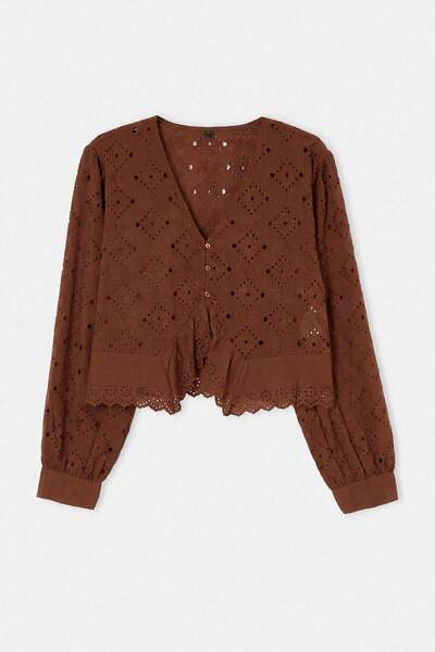 Trendyol Collection Bluză maro din bumbac 100% cu broderie TWOSS26BZ00740