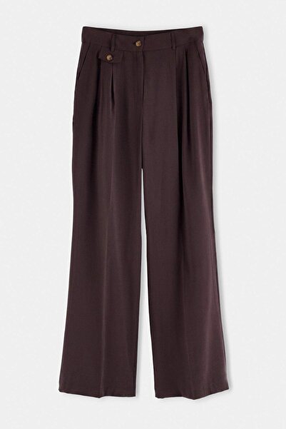 Trendyol Collection Pantaloni din țesătură moale, maro închis, cu detaliu buz...