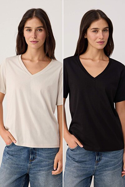 Trendyol Kollektion Stone-Black 100 % Baumwolle 2er-Pack Regular Fit Basic V-...