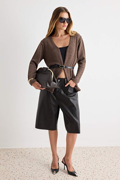 Trendyol Collection Brown Soft Textured Belt Detailed Knitwear Cardigan Twoaw...
