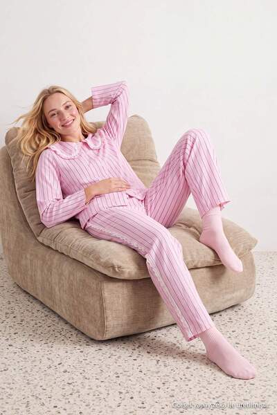 Trendyol Collection Pink Striped Collar and Ribbon Accessory Detailed Woven P...