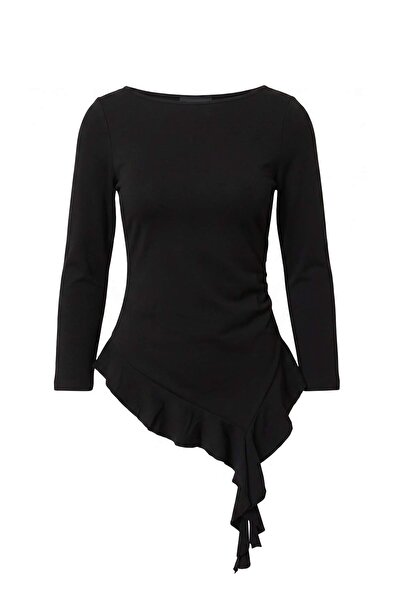 Trendyol Collection Black Plain Fitted Crew Neck Long Ruffle Asymmetrical Lyc...