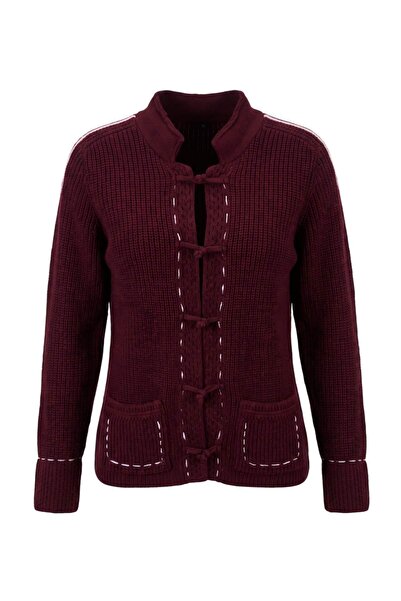 Trendyol Kollektion Pflaumenfarbene, farbblockierte, dicke Strickjacke mit St...