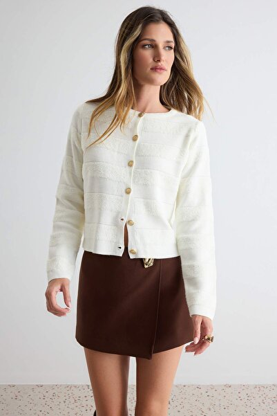 Trendyol Kollektion Ecru Rundhalsausschnitt Jacke Look Strickwaren Strickjack...