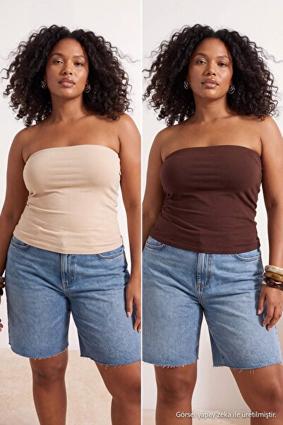 Trendyol Curve Brown-Beige 2-Pack Fitted Crop Stretchy Knitted Blouse Tbbss26...