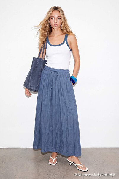 Drop by TrendyolMilla تنورة طويلة قابلة للتعديل بخصر مطاطي باللون النيلي TDRS...